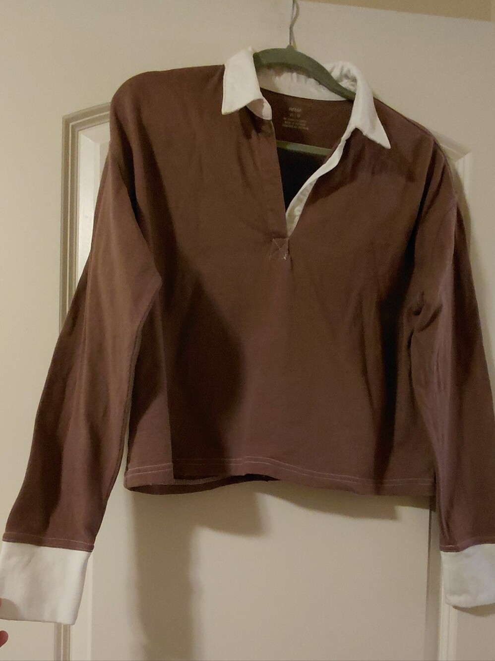 Aerie Plum Purple White Collar Oversized Crop Cotton Polo Long Sleeve Casual XS